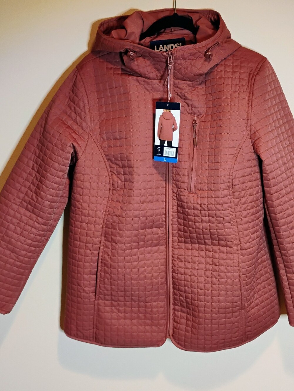 Lands' End Lightweight Quilted Red Zippered Adjustable Hood Jacket L